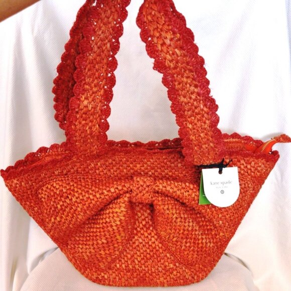 Kate Spade New York & Target Raffia Bow Woven Straw Tote Bag in Orange/Red, NWT - Picture 1 of 5